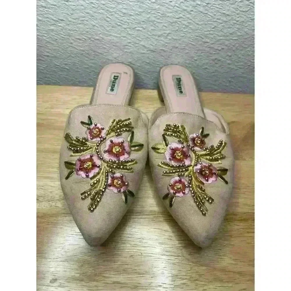 Dune London Blush Pink Mules w/ Beaded Embroidered Floral Detail Size 6.5 Flats